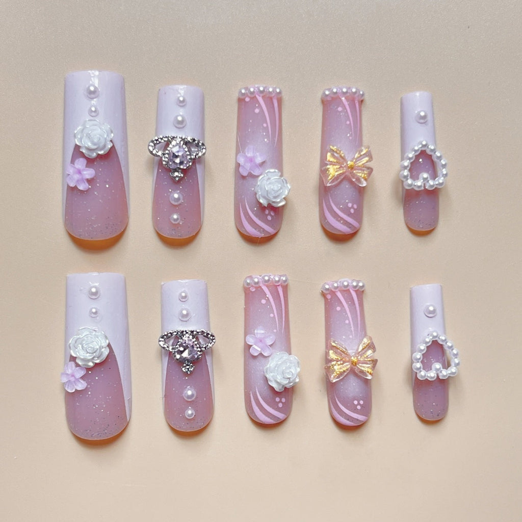 Luxury Rectangular Diamond Press-On Nails | Multi-Gem Crystal Full Cover Tips