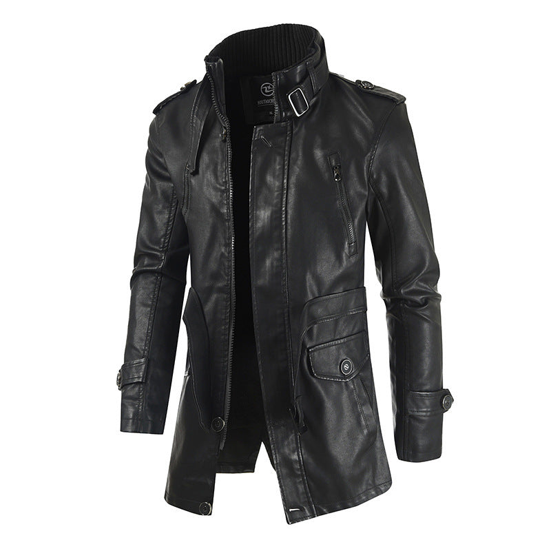 Men's Mid-Length Leather Coat | Stand Collar Fleece-Lined Thickened Winter Jacket