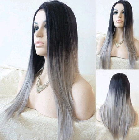 Premium Fibre Ombré Gray Wig | Long Wavy Synthetic Full Wig