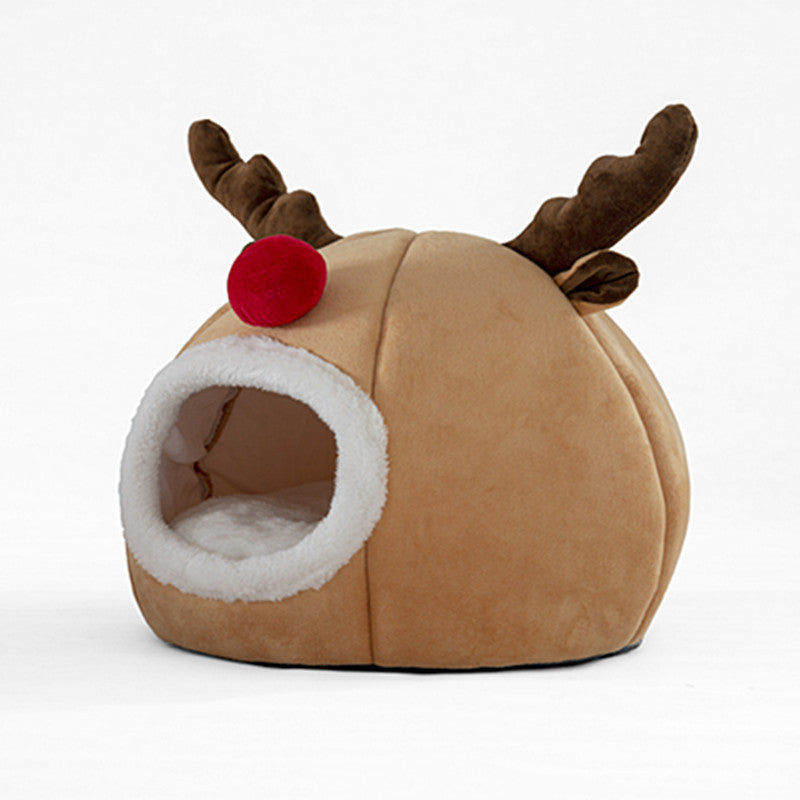 Festive Reindeer Pet Tent Bed | Warm Christmas Indoor Dog House Kennel