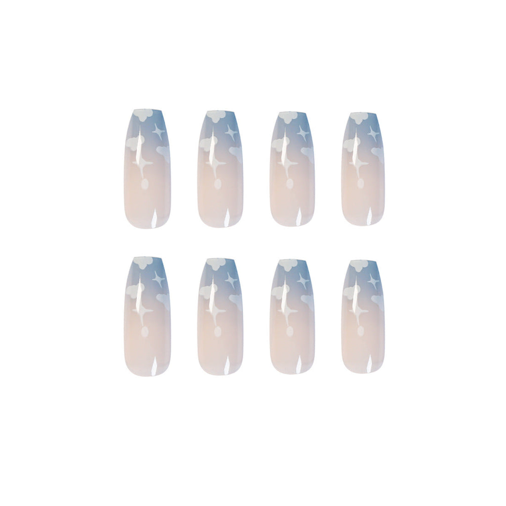 Chic Gray Blue Cloud Wearable Fake Nails | Soft Full Cover Removable Nail Patches