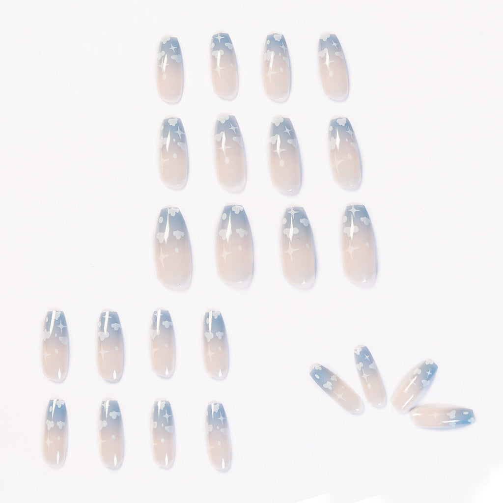 Chic Gray Blue Cloud Wearable Fake Nails | Soft Full Cover Removable Nail Patches