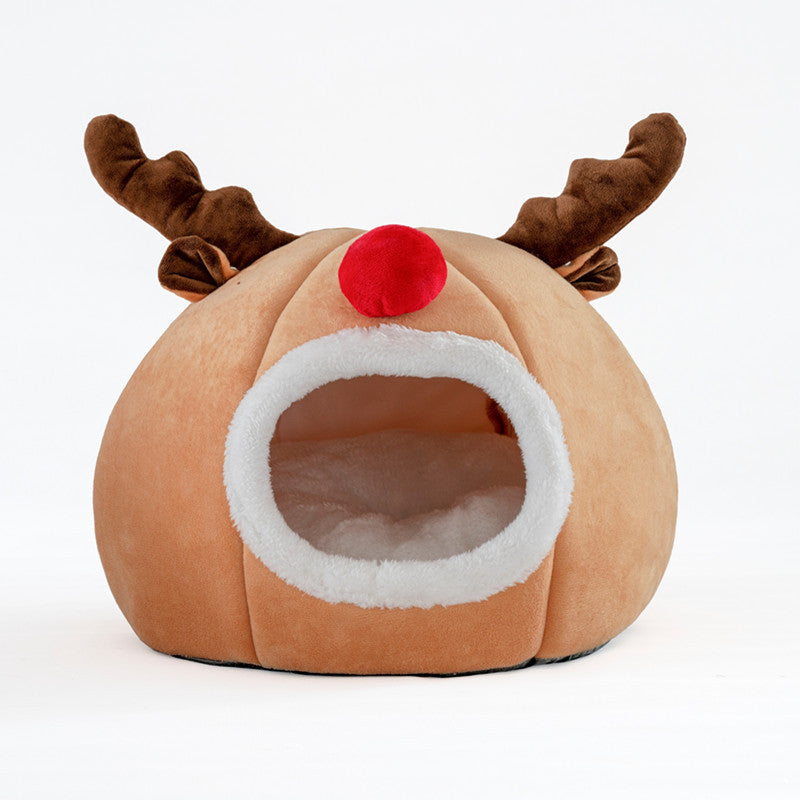 Festive Reindeer Pet Tent Bed | Warm Christmas Indoor Dog House Kennel