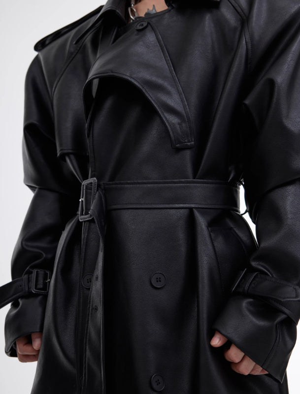 Trendy PU Leather Coat | Split Padded Shoulder Deconstructed Profile Jacket