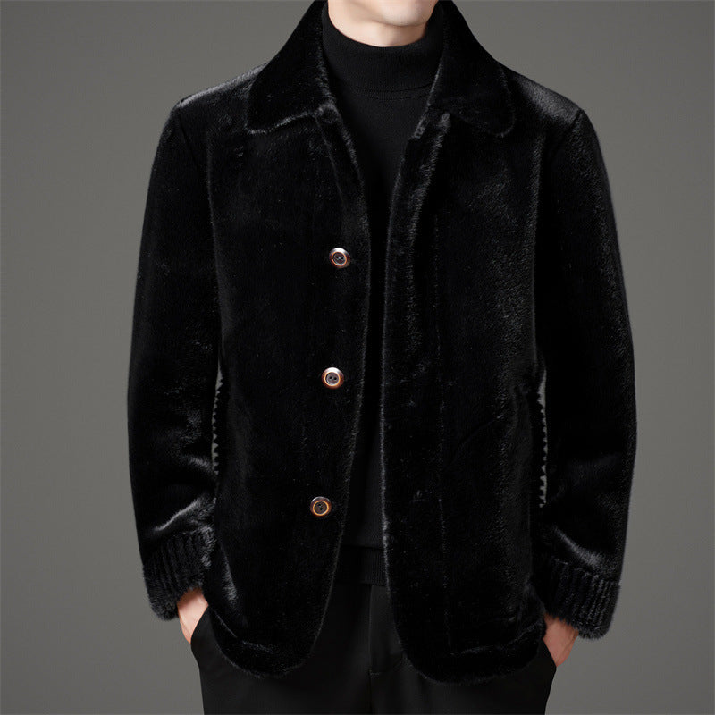 Men's Luxury Winter Golden Mink Faux Leather Wool Coat