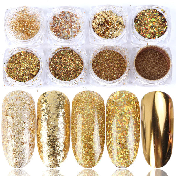 Holographic Nail Glitter Flakes & Powder Kit | 8 Box Mix Nail Art Decorations