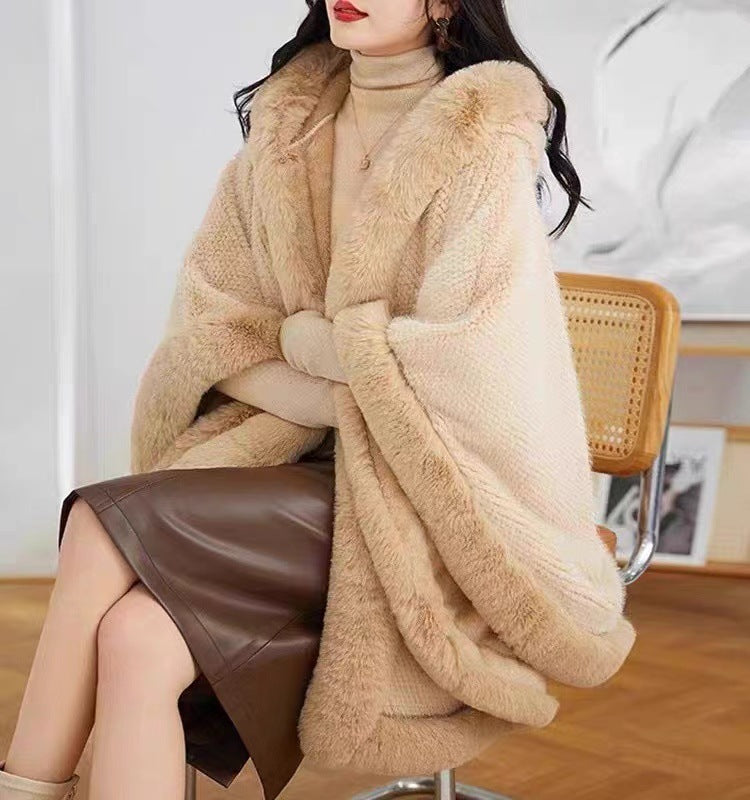Fleece-Lined Cloak Shawl with Faux Fur Collar