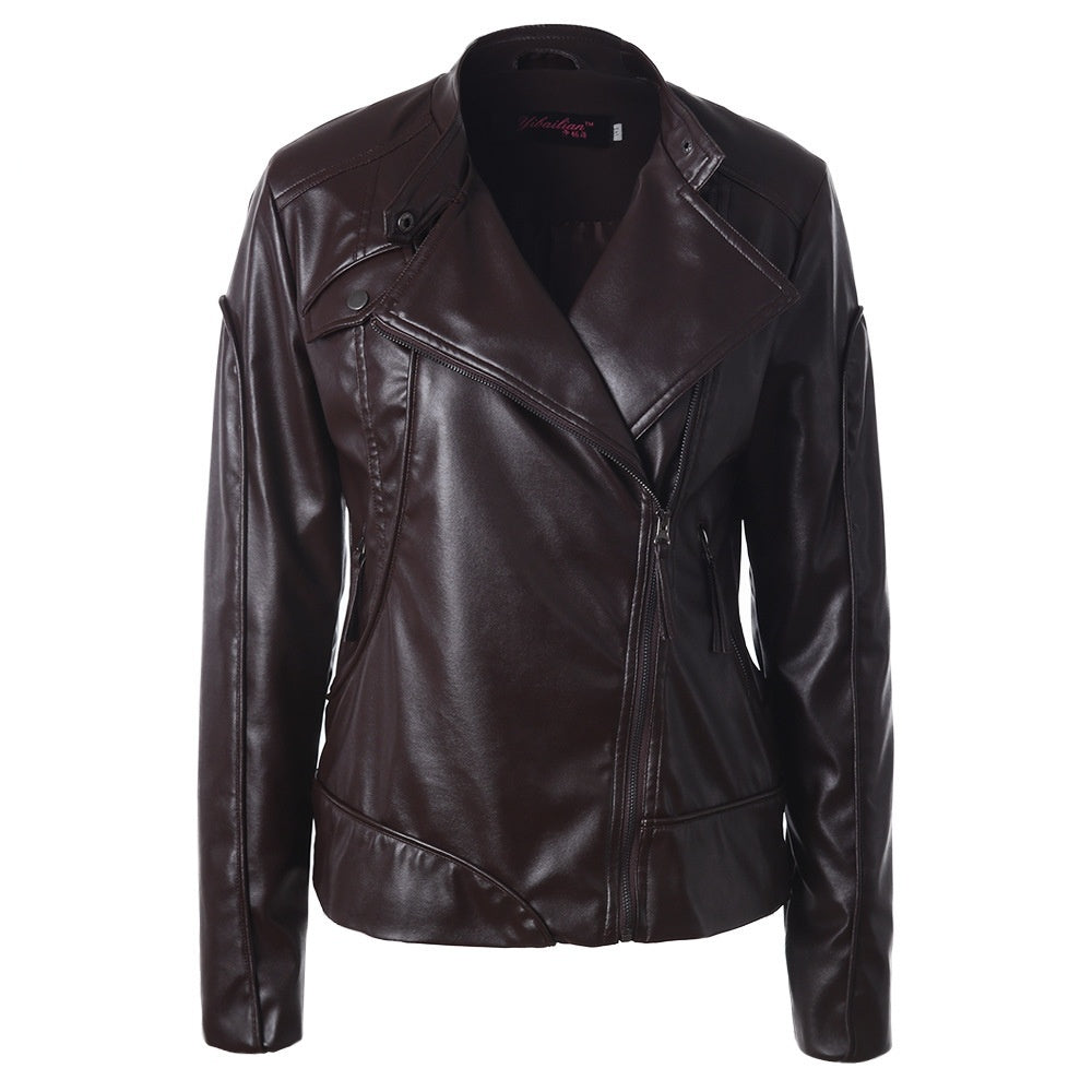 Women's Stand Collar Side Zip Leather Moto Jacket