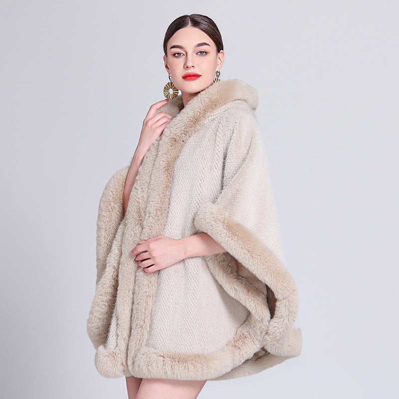 Fleece-Lined Cloak Shawl with Faux Fur Collar