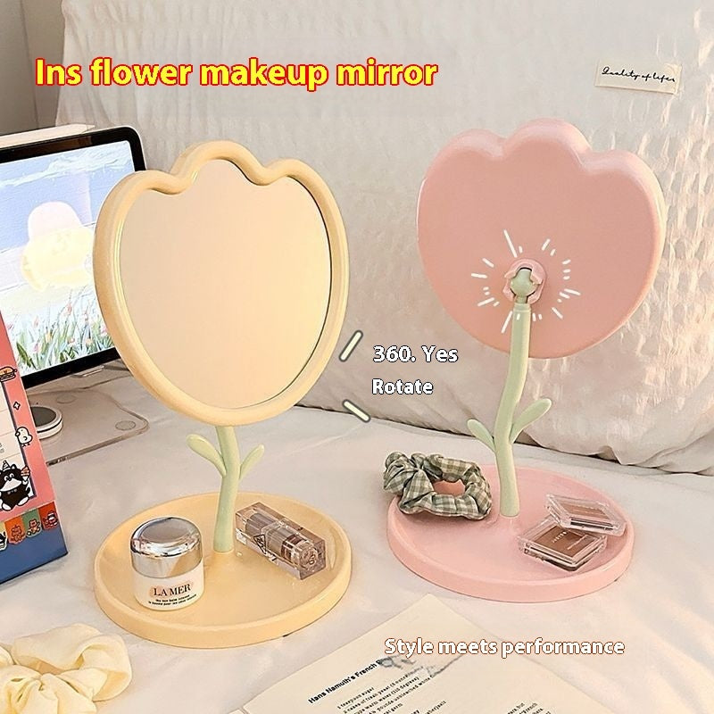 Aesthetic Tulip Design Makeup Mirror | New Portable Desktop for Students/Office