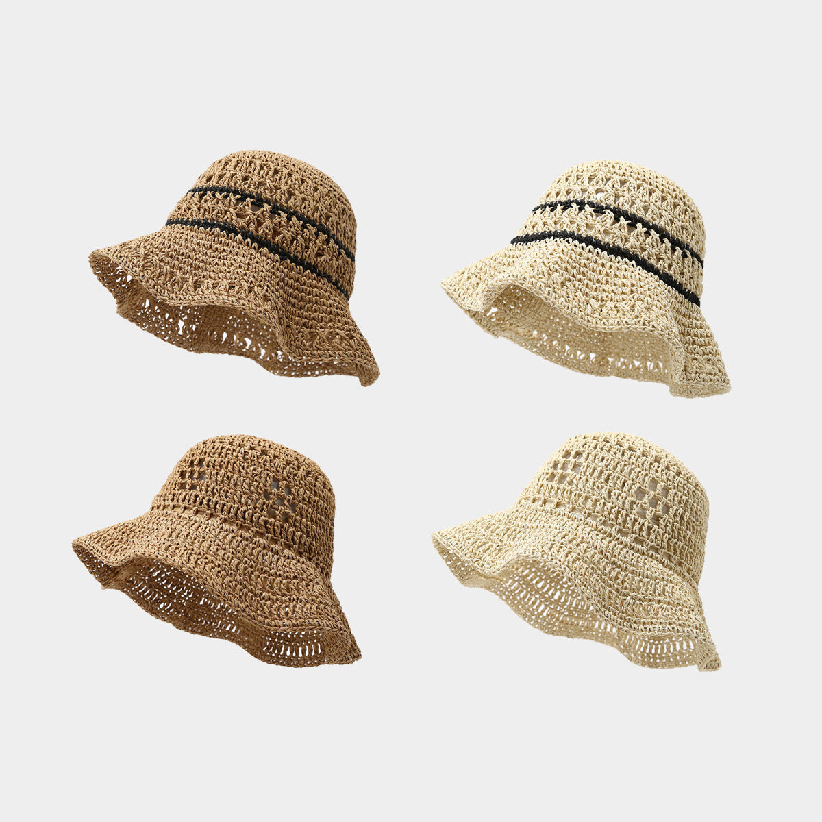 Breathable Crochet Straw Bucket Hat for Seaside Women