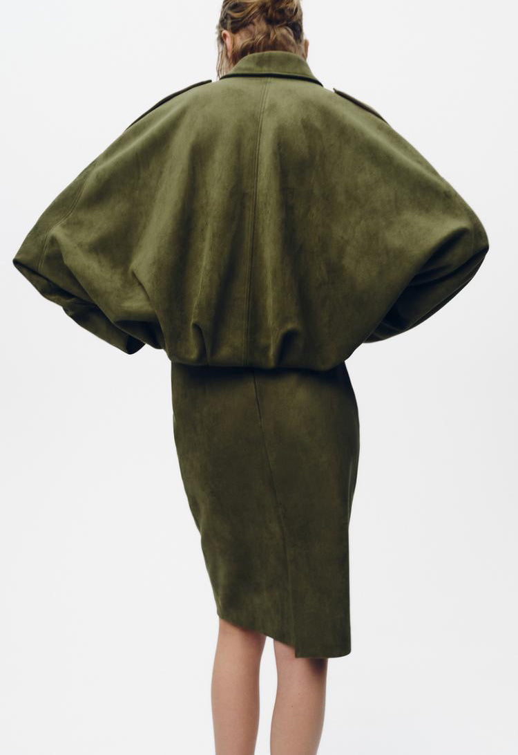 Suede Effect Pilot Jacket with Batwing Sleeves