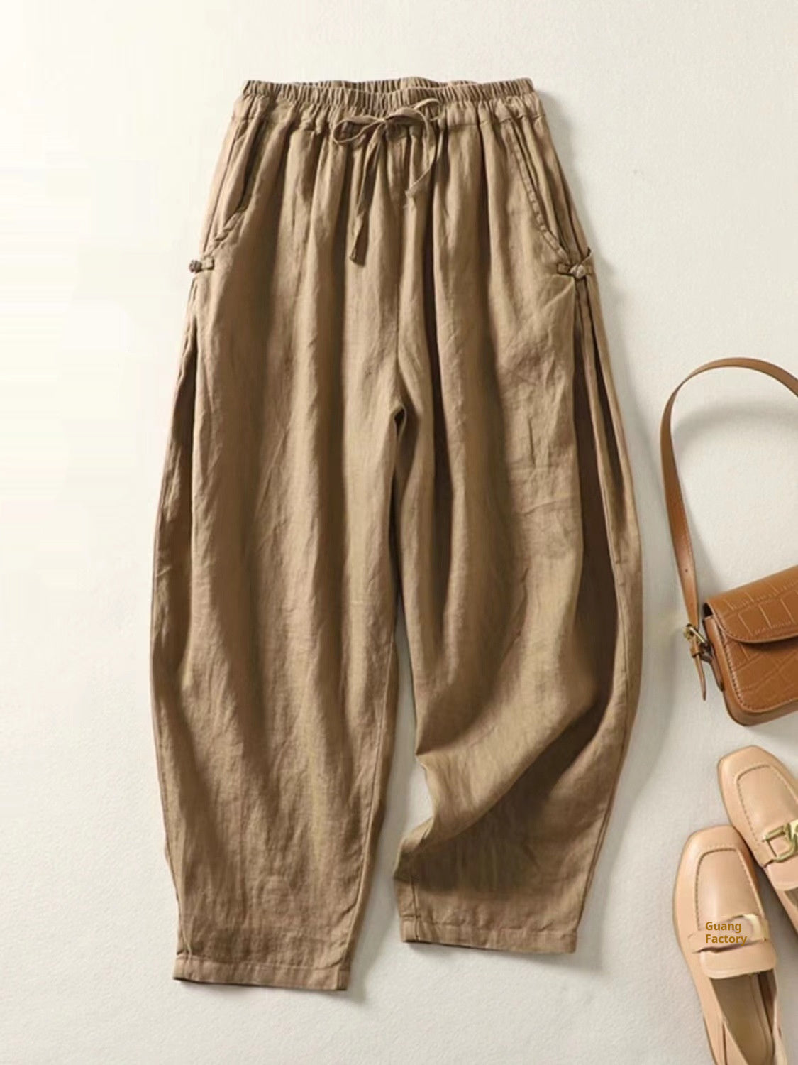 Casual Cotton Cropped Harem Pants with Buckle