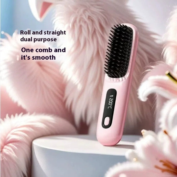 Travel 2-in-1 Hair Styling Tool | Wireless Straightener Brush & Hot Curler Comb