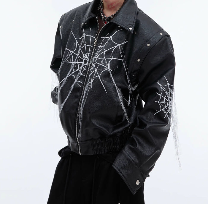 Men's Niche Spider Web Tassel Motorcycle Leather Coat | Unique Biker Jacket