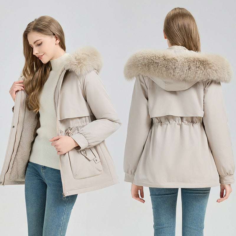 Women's Short Hooded Coat with Big Fur Collar