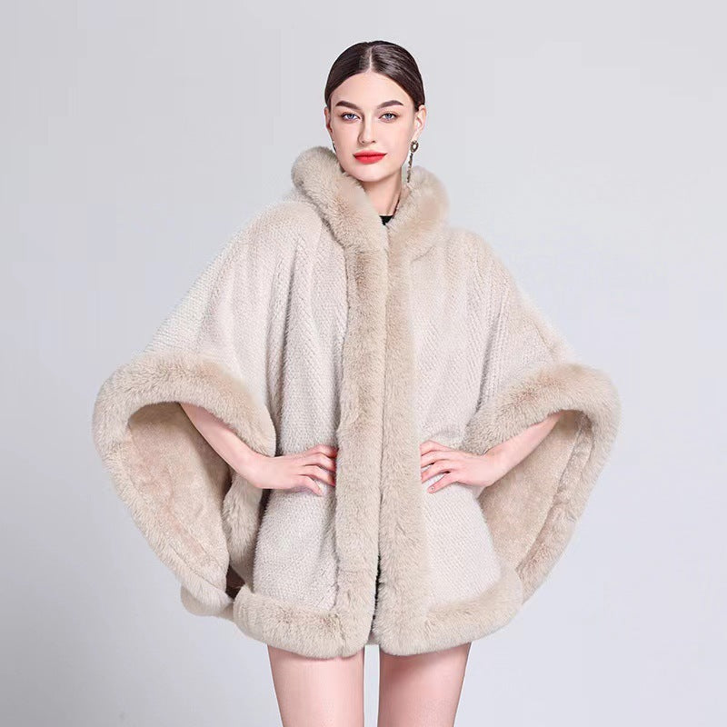 Fleece-Lined Cloak Shawl with Faux Fur Collar