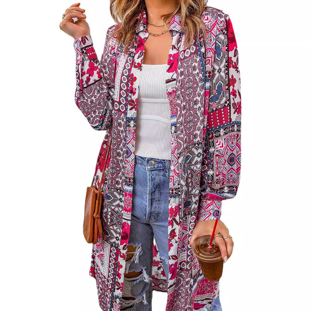 Women's Casual Boho Print Long Cardigan
