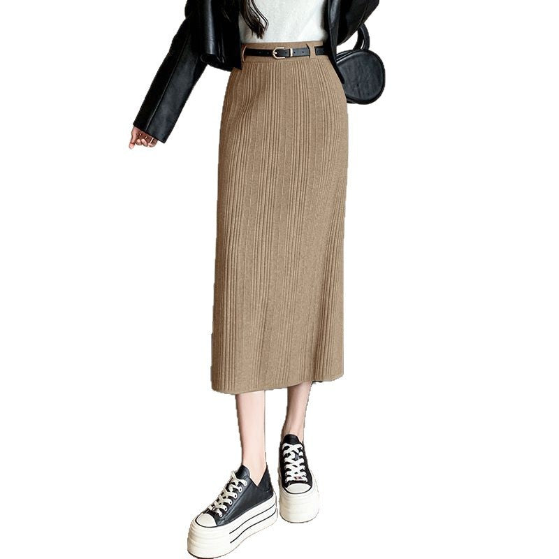 Knitted Sheath Straight Skirt with French Stripe Slit