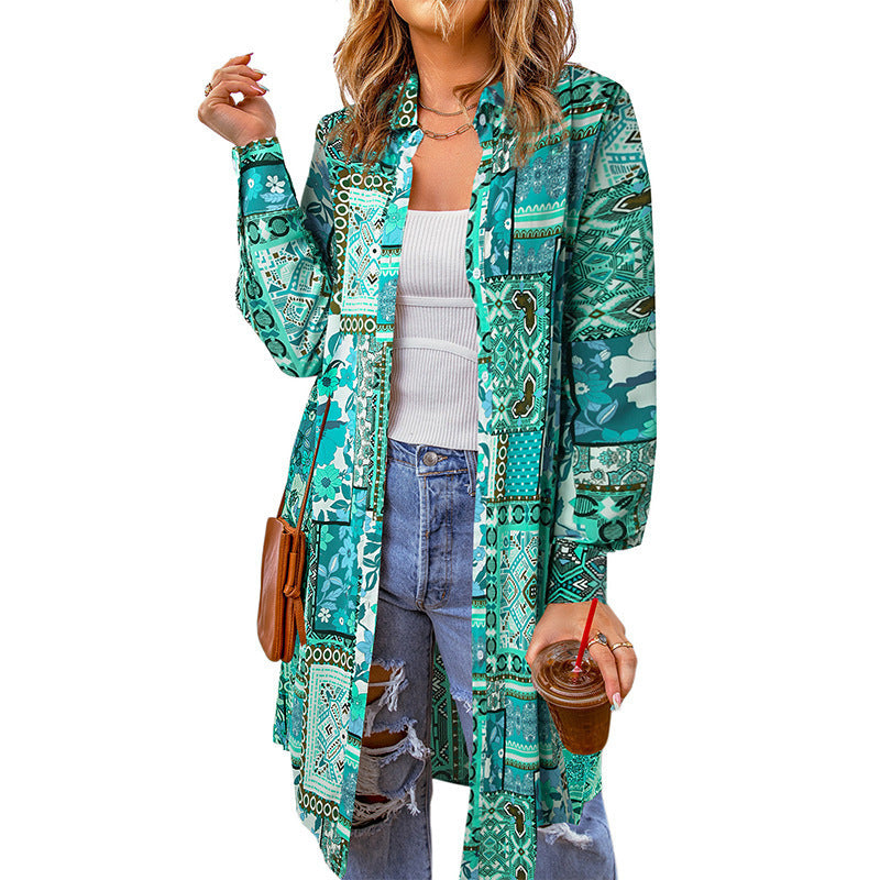 Women's Casual Boho Print Long Cardigan