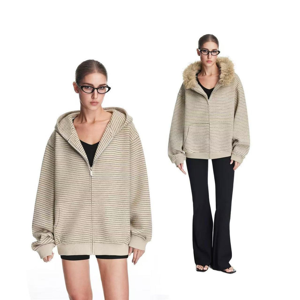 Vintage Fur Collar Couple Hooded Zipper Cardigan Sweater