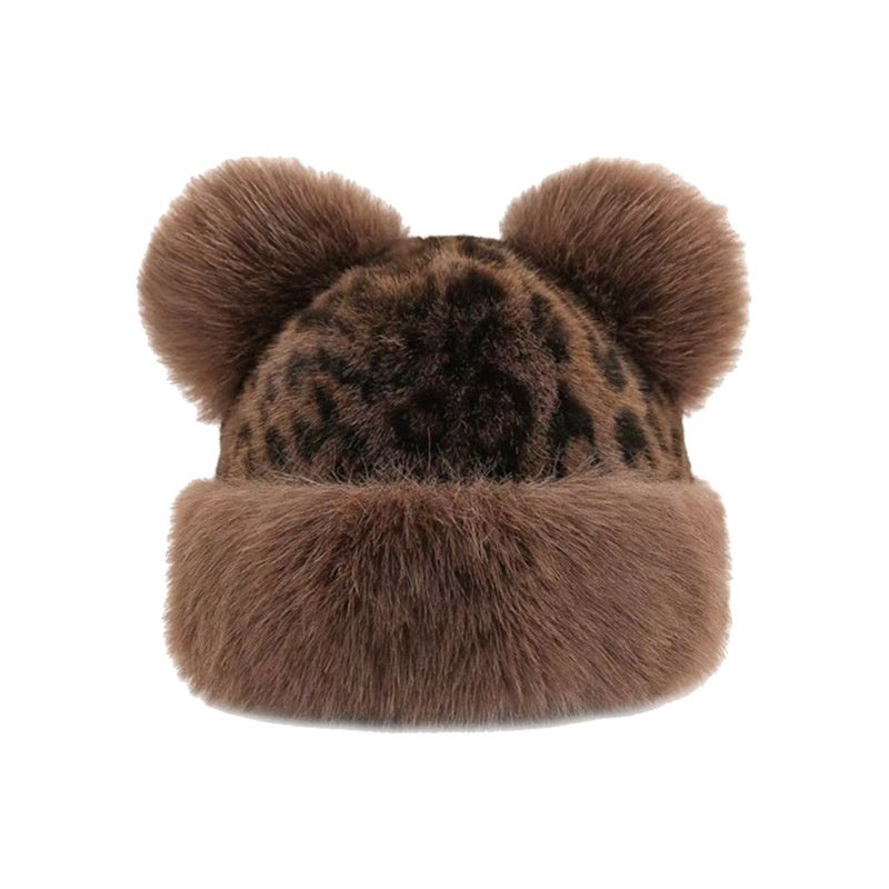 Leopard Pattern Bear Ear Thick Warm Fisherman Bucket Hat