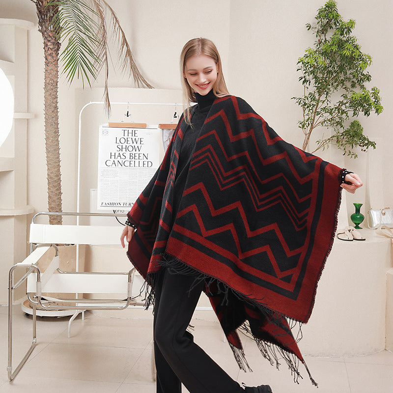 Fashionable Herringbone Wave Side-Slit Shawl Cape