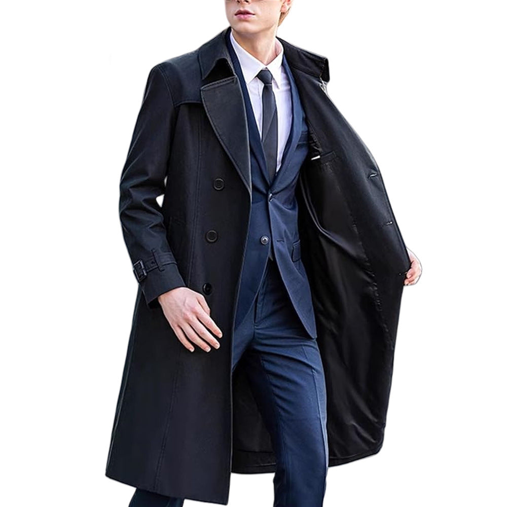 Men's Classic Solid Color Long Trench Coat | All-Weather Overcoat