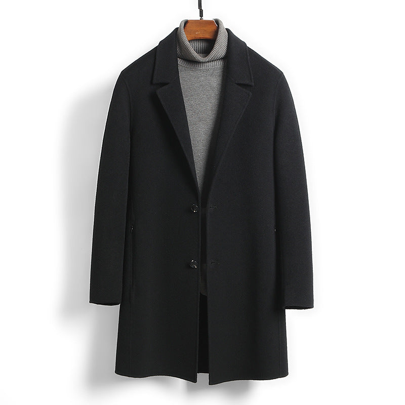 Premium Men's Solid Woolen Coat | Mid-Length Slim-Fit Worsted Overcoat