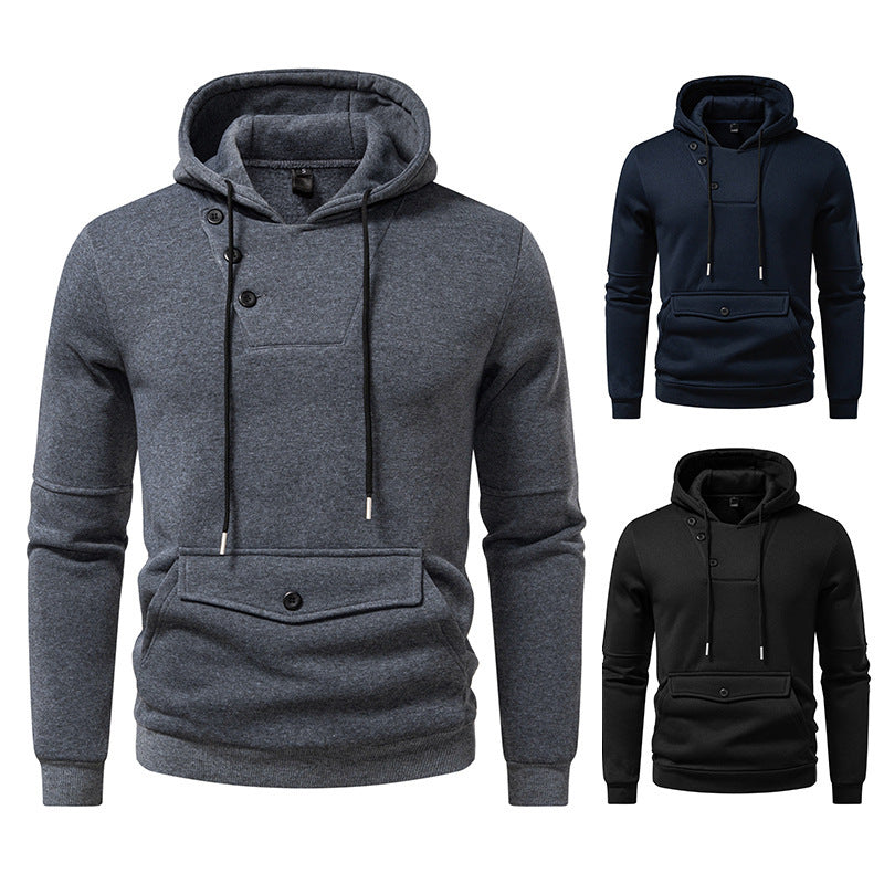 Casual Hooded Sweatshirt | Diagonal Buckle Placket Design with Large Pockets