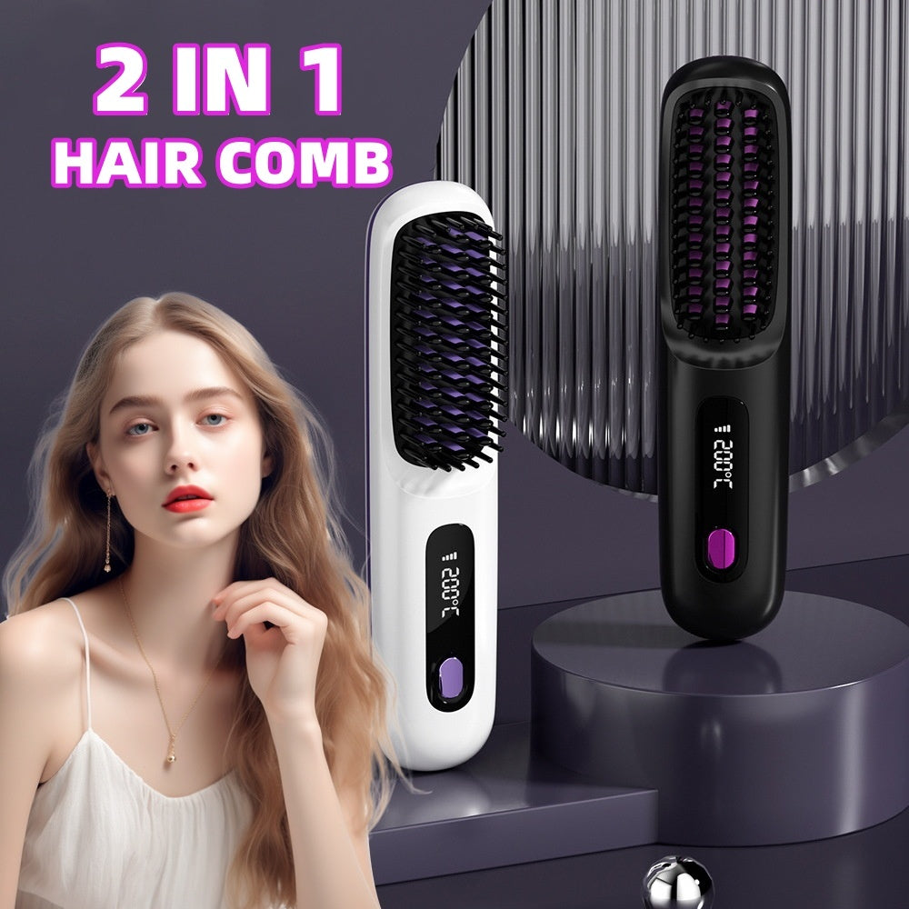 Travel 2-in-1 Hair Styling Tool | Wireless Straightener Brush & Hot Curler Comb