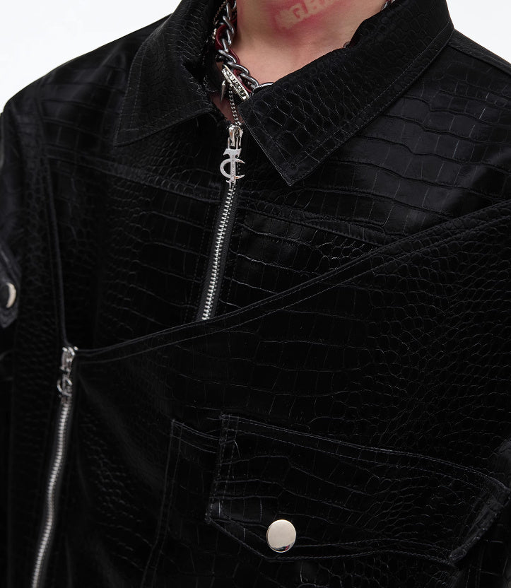 Men's Deconstruction Design Sense PU Leather Coat | Padded Shoulder Niche Jacket