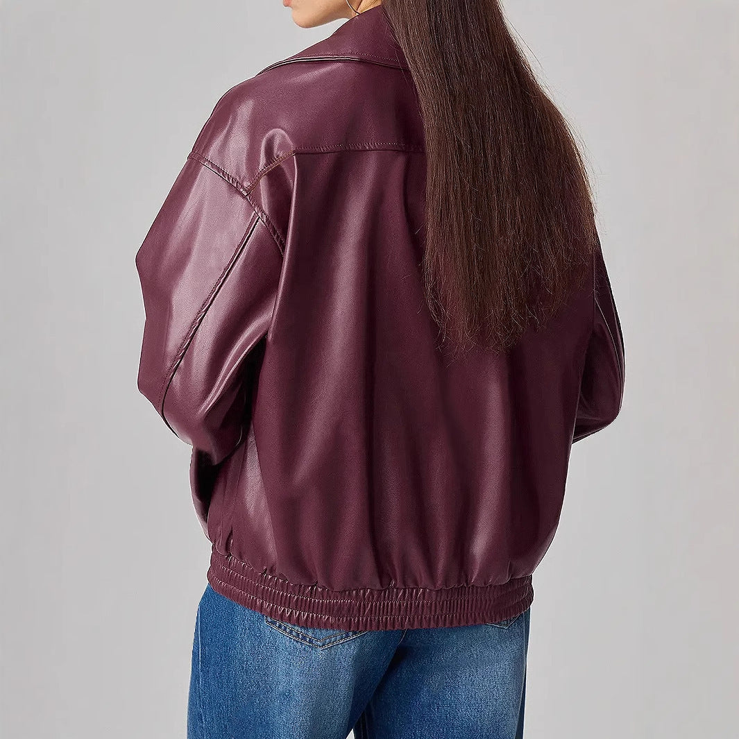 Women's Loose Fit Long Sleeve Leather Jacket
