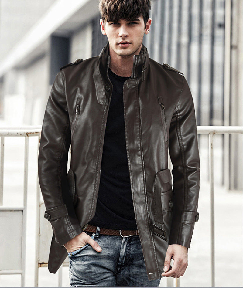 Men's Mid-Length Leather Coat | Stand Collar Fleece-Lined Thickened Winter Jacket