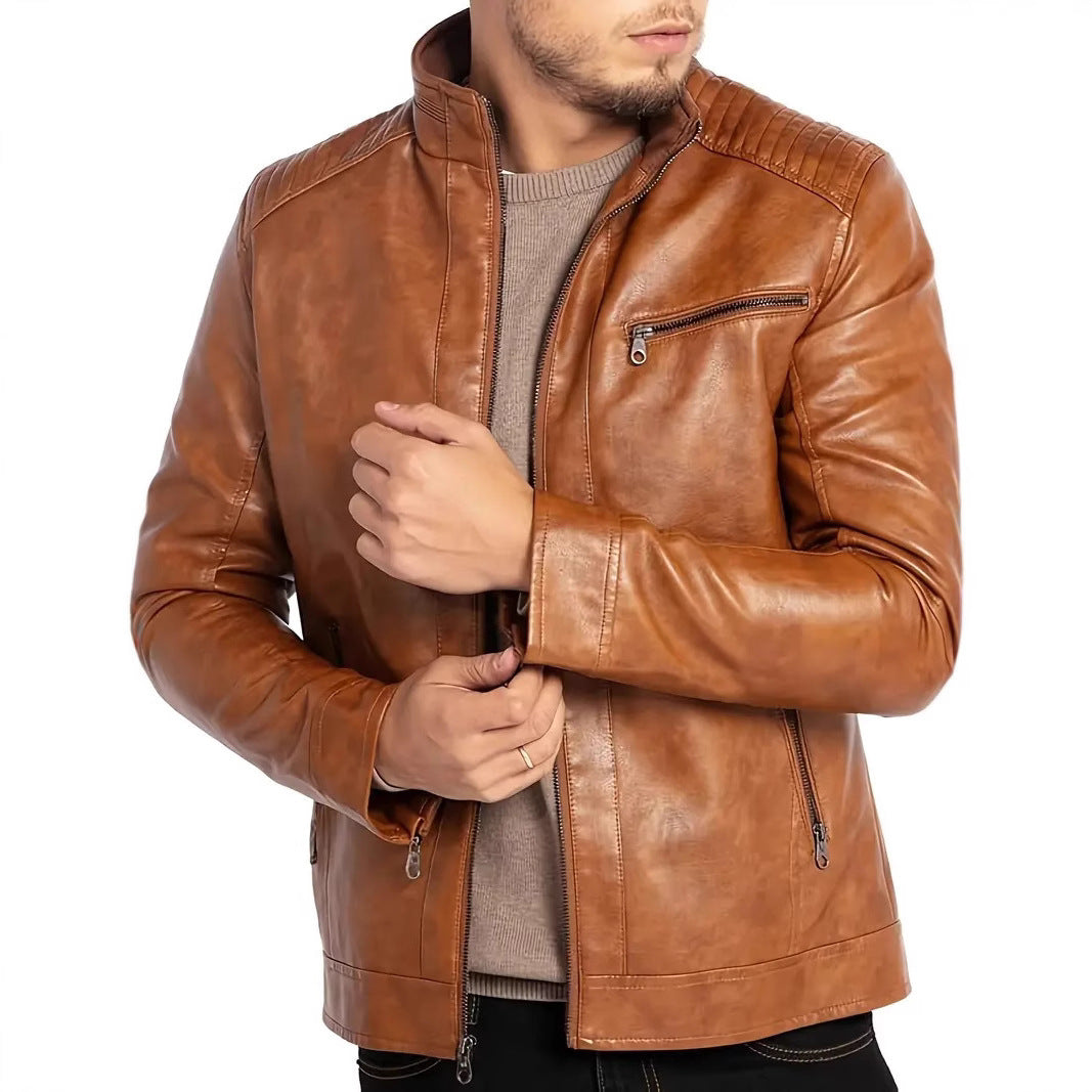 Men's Stand Collar Punk Biker Jacket | Faux Leather Polyester Shell