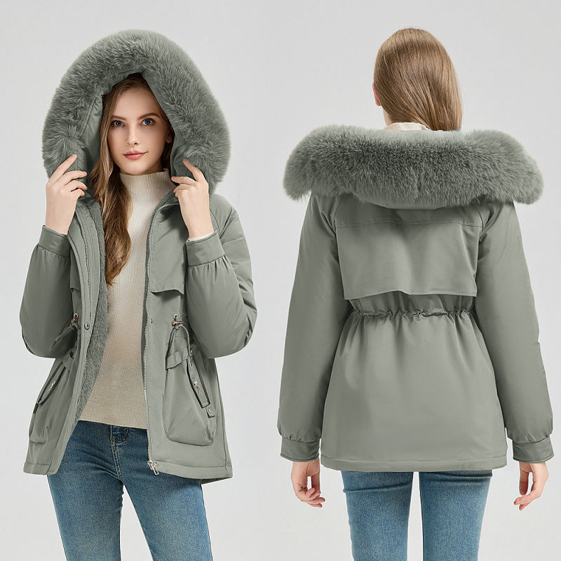 Women's Short Hooded Coat with Big Fur Collar