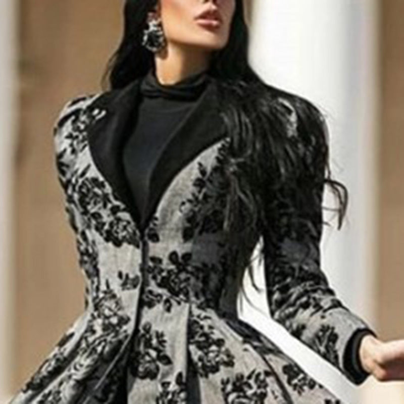 Women's Vintage Floral Print Long Trench Coat